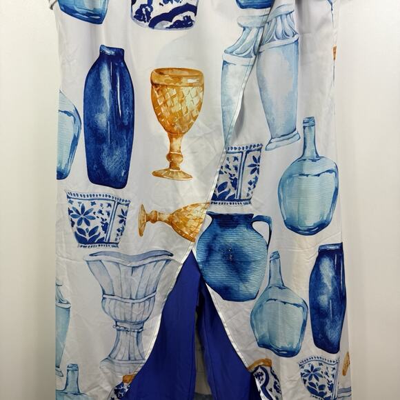 Sassy Jones New Zena Layered Cape Jumpsuit Small Blue Vase Print Puff Sleeve - Picture 7 of 16